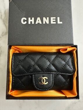 Black Quilted Caviar Leather Mini Flap Wallet